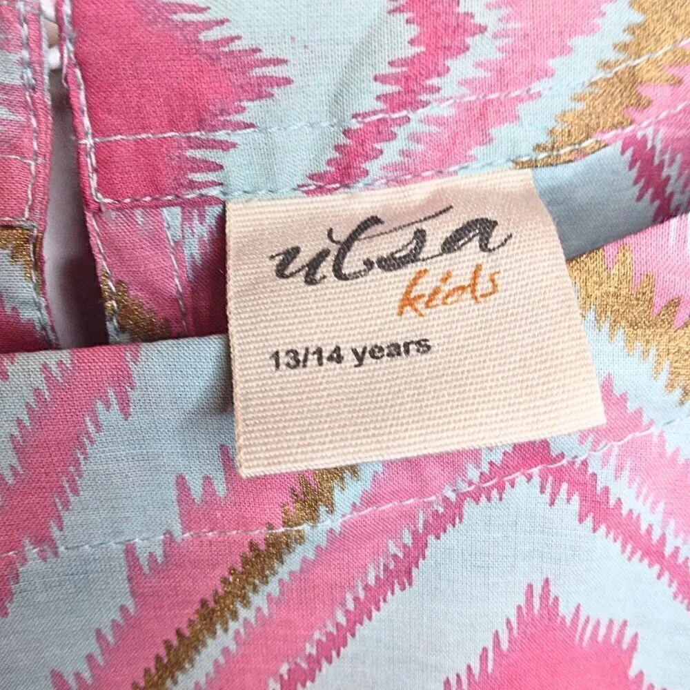 GIRL'S UTSA KIDS COLLECTION PINK, BLUE & GOLD GEO PATTERN DRESS - SIZE 13/14